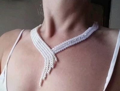 Collana Girocollo Elegante Perle Fatta A Mano Cristallo Bianco Sposa Cerimonia - Immagine 1 di 4