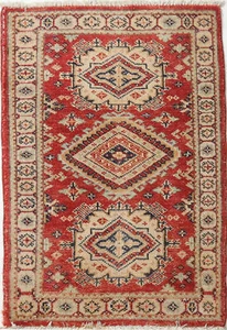 2x3 Hand-Knotted Wool Rug Red Kazak Rug Tribal Accent Rug - Picture 1 of 11