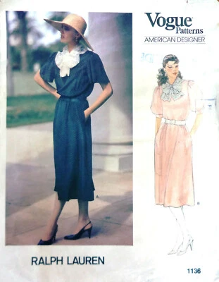 Vogue 1136 rare pattern 80s vintage Ralph Lauren sz 12-14-16 uncut blouson dress - Image 1 of 2