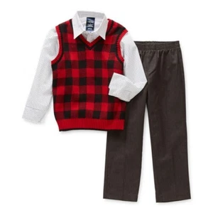 Boys' IZOD $70 Red/Black 3-Piece Set with Pants, Sweater Vest & Shirt Size 5 NWT - Picture 1 of 4