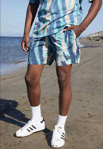 NWT Adidas $50 Men's AOP 17" Swim Trunks Side Pockets, Elastic Waist, Sz S, Muti