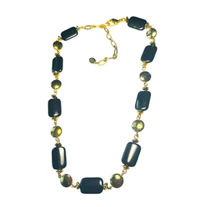 Liz Claiborne Station Necklace Black Gold Tone Beaded Adjustable 16"-19" Vintage - Picture 1 of 14