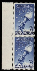 1956 7 1/2d 'Olympic Torch' Left Selvedge Vertical Pair of Stamps:Muh - Picture 1 of 2