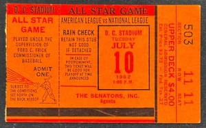 1962 MLB ASG ALL STAR GAME TICKET STUB WASHINGTON DC JFK FIRST PITCH VERY NICE - Picture 1 of 2