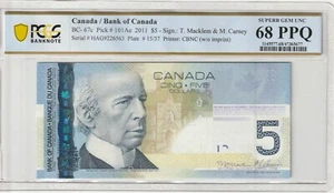 Canada 2011 5 Dollars Certified PCGS Banknote UNC 68 PPQ Pick BC-67c - Picture 1 of 2