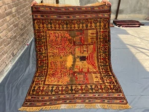 Antique Afghan War Rug 4'3 x 5'9 ft – Hand Knotted Tribal Wool Pictorial Carpet - Picture 1 of 10