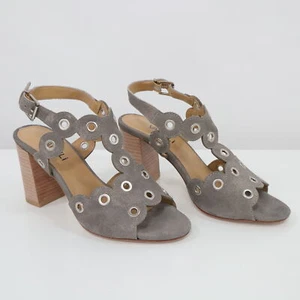 Van Eli Sandals Heels 7W Gray Taupe Suede Leather Scalloped Grommets Berton - Picture 1 of 10