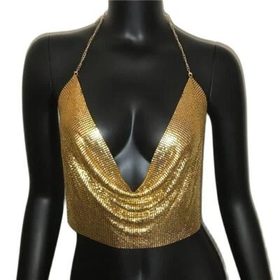 Metal Sequined Halter Women Sexy V Neck Backless Chain Plunge Tank Vest Crop Top - Image 1 of 4