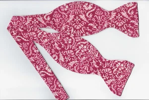 Cherry Red Bow tie, Petite White Floral Damask, Wedding Prom, Self-tie Bow tie - Picture 1 of 5