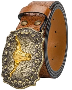 Western Cowboy-Belts for Women Men Big-Buckle Longhorn-Bull PU-Leather Rodeo ... - Picture 1 of 7