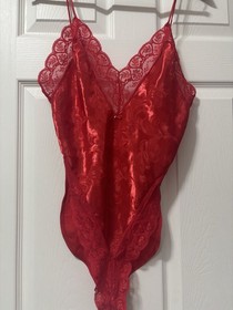 Vintage 80s Red Liquid Satin French Cut Teddy Snap Crotch Lingerie M EUC  