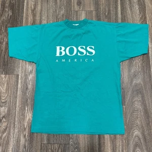 Vintage Hugo Boss America Shirt Men's Medium Green Big Logo Spell Out USA 90s - Picture 1 of 6
