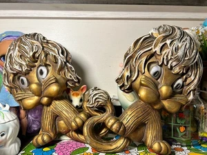 Vintage MCM Groovy Zodiac Lion Pair of Plaster Wall Hangings - Picture 1 of 4