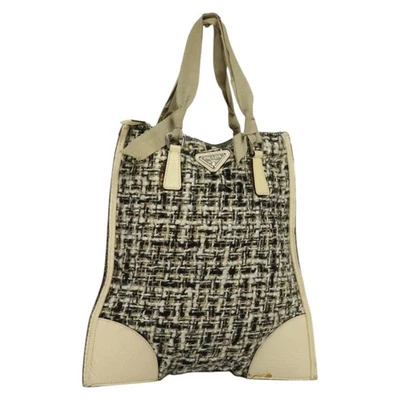PRADA Hand Bag Tweed Leather Beige Black Silver Auth yk19291 - Image 1 of 4