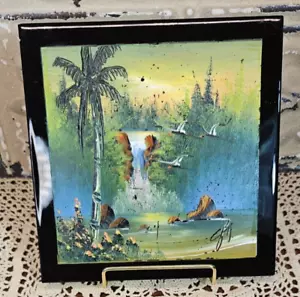 Signed Decorative Tile Hand Painted Oil Paint Tropical Paradise Scene 8" (read) - Picture 1 of 6