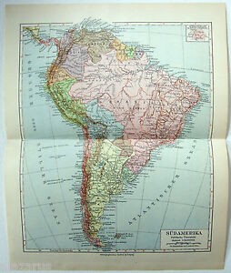 South America - Original 1924 German Language Map by Meyers. Vintage