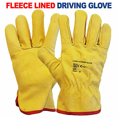 Premium Yellow Leather Driver Work Gloves Fleece Lined Lorry Truck Driving Glove • 5.49£