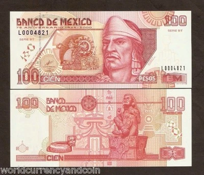 MEXICO 100 PESOS P-113 2000 Commemorative UNC 75th Anny. AZTEC ANIMAL MONEY NOTE - Image 1 of 3