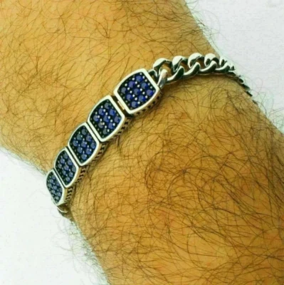 4Ct Round Lab Created Sapphire Diamond Mens 7.5in Bracelet 14K White Gold Plated - Image 1 of 4