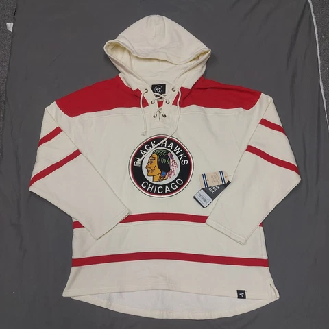 NWT Chicago Black Hawks 47 Brand Superior Lacer Hoodie Hockey Big Logo Men's XL Cover