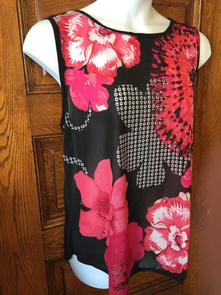 Impresionante CAMISETA SIN MANGAS TRIBAL Negra y Rosa Floral Cuello Redondo Frontal Semi Transparente, Talla XL Foto 1 de 4