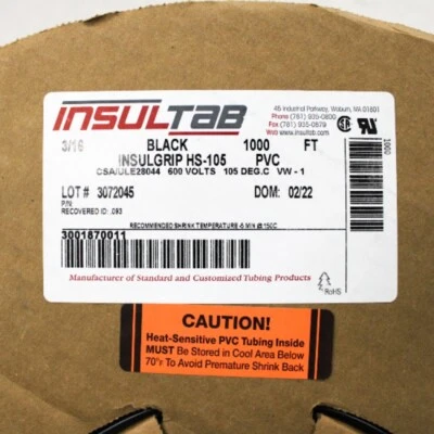 Рулон термоусадочных трубок 1000 футов Insultab 3/16 дюйма черный Insulgrip HS-105 ПВХ - Изображение 1 из 2