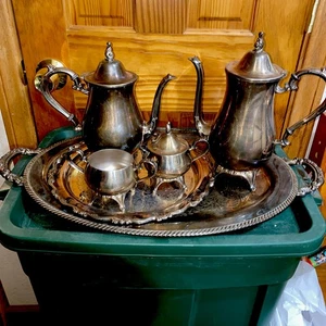 Vtg silver plated tea set vintage Tray Plate 2 Pots Creamer Sugar Bowl 6 Pc Set - Picture 1 of 8