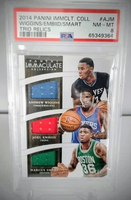 2014 Panini Immaculate Collection Trio Relics Wiggins/Embiid/Smart #AJM PSA 8 - Image 1 of 2