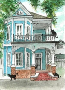 Katzen - New Orleans Katzen zu Hause (signierter, mattierter Aquarelldruck) - Bild 1 von 1