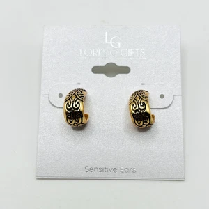 Lori’s Gifts Gold Tone Etched Hoop Earrings Hypoallergenic NWT Sensitive Ears - Picture 1 of 3