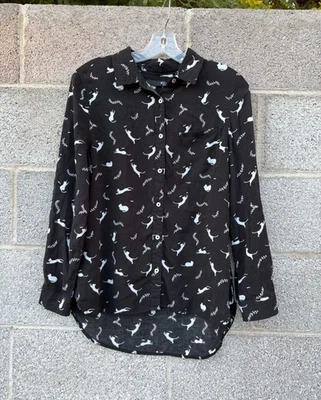 Blusa Top Max Jeans Negra con Gatos Blancos Manga Larga Abotonada 100% Rayón Grande Foto 1 de 4