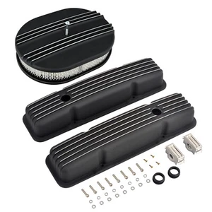 Black Finned Short Valve Covers & 12" Oval Air Cleaner Fit 1958-86 SBC Chevy 350 - Picture 1 of 12