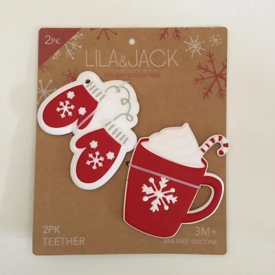 NUEVO Juego de 2 Mordedores Rojo Blanco Invierno Tema Libre de BPA 100% Silicona de Grado Alimenticio Foto 1 de 4