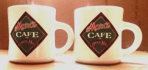 MARCS CAFE & COFFEE MILL VINTAGE 1990S HEAVY WHITE CERAMIC 2 COFFEE CUP/MUG SET - Picture 1 of 6