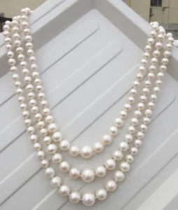 Graduated 3 Row Strand White 6-10mm South Sea Pearl Necklace 14k Gold Plated - Picture 1 of 4