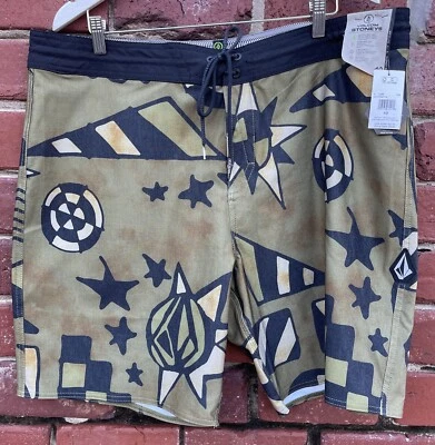 NWT Volcom Mens Sz 40 Stoneys Board Shorts Swim Trunks Geometric Olive - Image 1 of 4