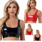 Womens Shiny Patent Leather Crop Top Scoop Neck Cami Tank Top Vest Rave Clubwear