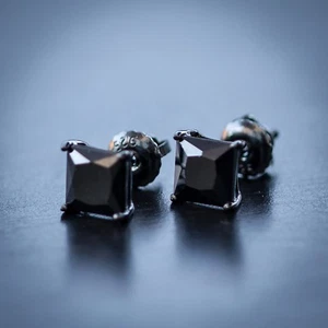 Mens Hip Hop Black Cz Onyx Princess Cut Square Stud Screw On Post Earrings - Picture 1 of 5