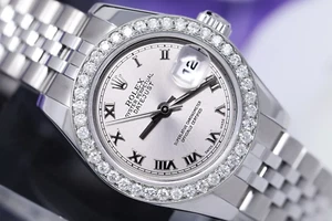 Rolex Lady Datejust 26 mm 179174 Steel Watch Silver Roman Dial Diamond Bezel - Picture 1 of 6