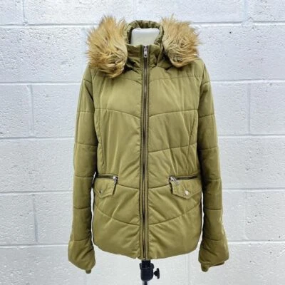 ÚNICO ABRIGO TAMPÓN CAQUI CHAQUETA ACOLCHADA CAPUCHA DE PIEL FUAX PESO PESADO REINO UNIDO M Foto 1 de 4