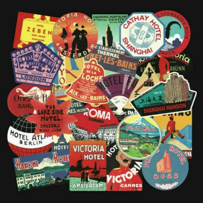 56Pcs Luggage Suitcase Hotel Travel Sticker Pack Lot Traveler Vtg Old Look Style - Image 1 of 4