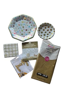 Party Supplies Bundle 6 Gold & White Confetti Plates Tablecloth Napkins Decor - Picture 1 of 7