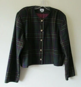 VINTAGE JACKET 80s 90s GREEN TARTAN CHECK BOXY YELLOW BLUE GOLD BUTTONS SZ 16 - Picture 1 of 6