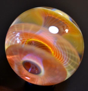 COHESION GLASS MARBLE/1.596"-DELICATE SPINNING FEATHERS-PINK,PEACH,BUTTERNUT,TUR - Picture 1 of 17