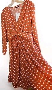Bloom Chic Maxi Dress 14 - 16 Rust Orange White Polk A Dot Long Sleeve Pockets - Picture 1 of 7