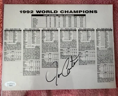 TORONTO BLUE JAYS JOE CARTER FIRMADO AUTOMÁTICO 8X10 Hoja de estadísticas 1992 SERIE MUNDIAL JSA Foto 1 de 4