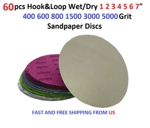 60pcs Hook&Loop Wet/Dry 1 2 3 4 5 6 7" 400 600 800 1500 3000 5000 Sanding Disc - Picture 1 of 7
