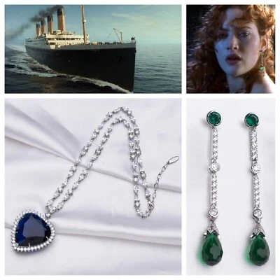 Titanic Necklace Heart of The Ocean Small  & Earrings  Blue & Green Crystal 18” - Image 1 of 4