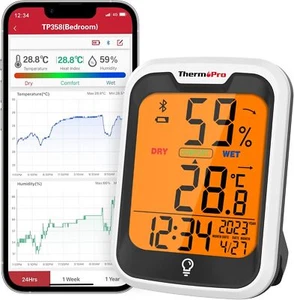 ThermoPro TP358 Digitales Raumthermometer Luftfeuchtigkeit Temperatur Messgerät Bluetooth - Bild 1 von 7