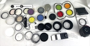 Lot of 35mm Photo Items: Lens Filters, Caps & Hoods, Flash Cable, LIST BELOW 30+ - Picture 1 of 11